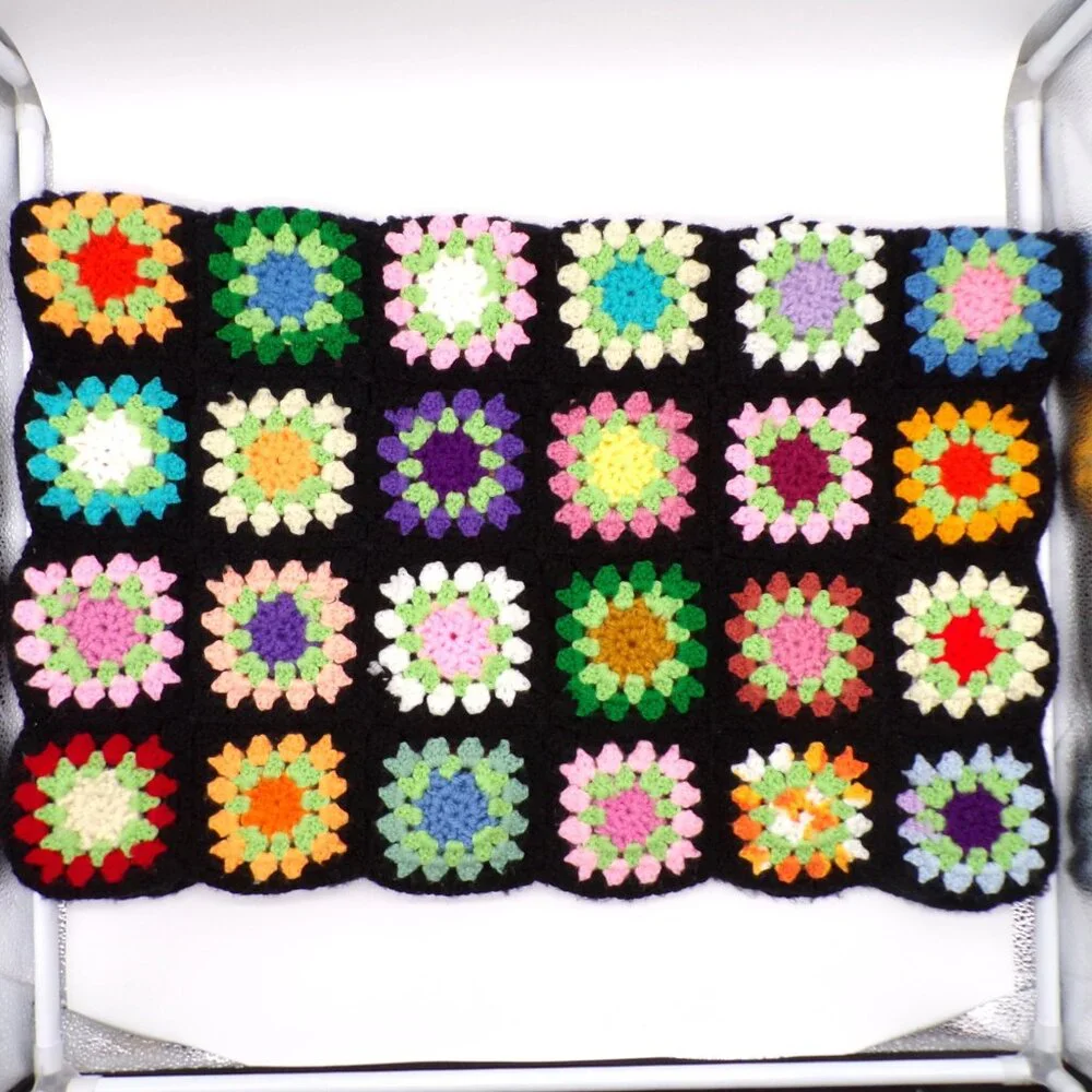 Granny Square Afghan Black 3D Flowers Throw Lap Blanket Small 34” X 25”